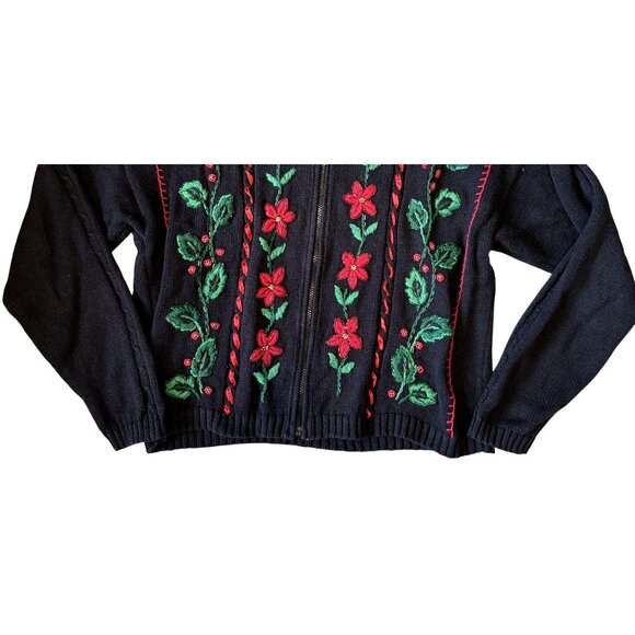 Work In Progress Christmas Sweater Poinsettia Black Embroidered Cardigan XL Zip - Picture 3 of 6